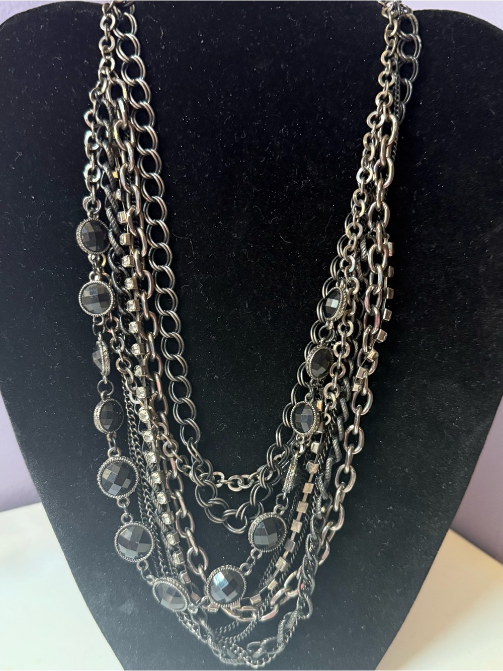 Multi-Chain Gunmetal black Necklace with Faceted Discs